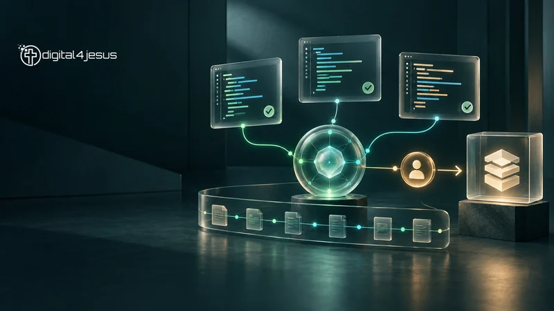 A central coordination hub connects separate work panels and a shared memory ribbon through an approval checkpoint.