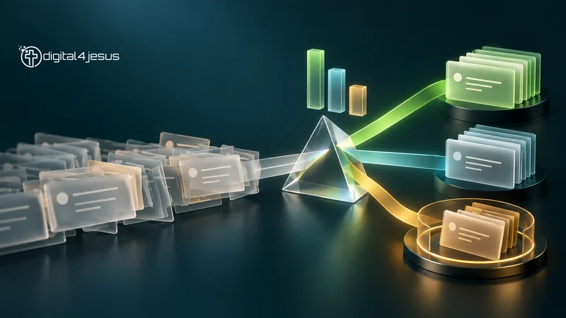 Message cards pass through a decision prism into separate routes, with probability bars and an amber review path.