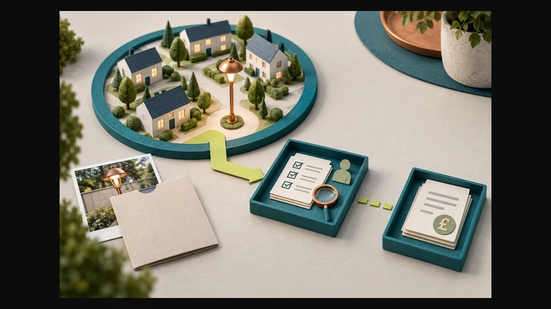Conceptual tabletop scene showing service coverage, a protected photo and separate assessment and quotation stages.