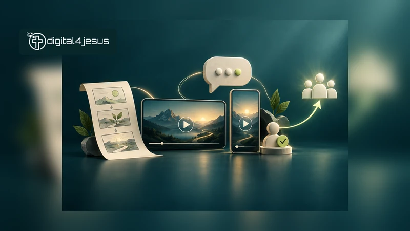 A storyboard connects horizontal and vertical video panels with conversation and handover symbols. Conceptual editorial illustration.