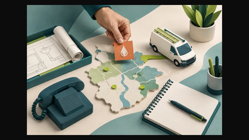 Conceptual dispatch desk with a person checking an urgent plumbing request against coverage before arranging a visit.