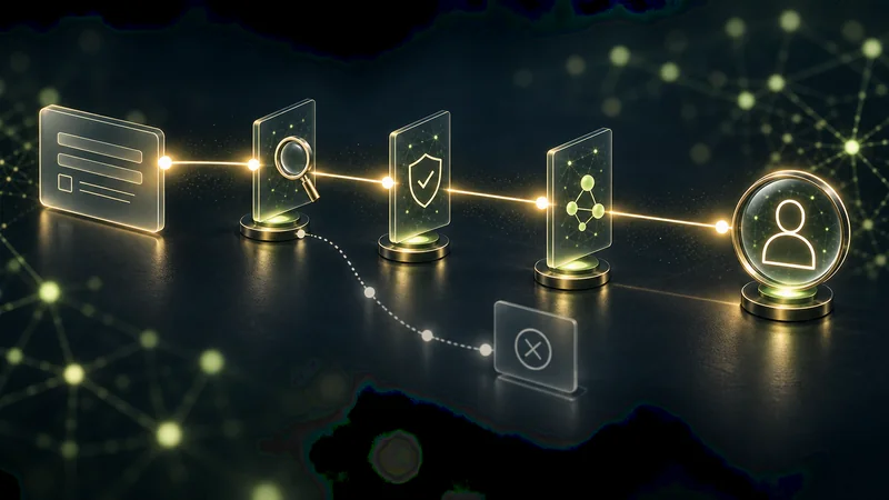An enquiry travels through inspection gates to a confirmed contact, with an incomplete route branching away.