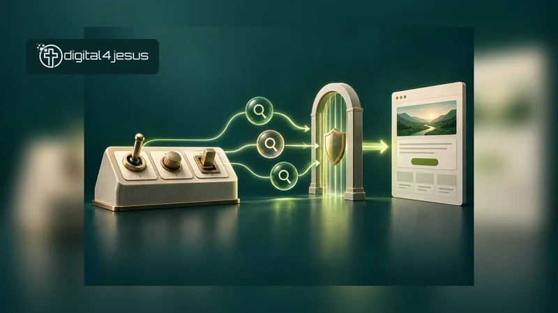A control console routes search paths through a review gate towards a website panel. Conceptual editorial illustration.