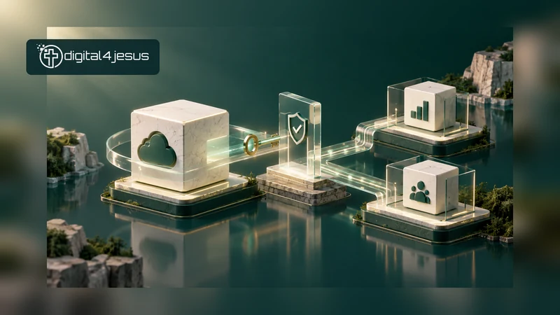 A cloud project connects through a verification gate to reporting and CRM blocks. Conceptual editorial illustration.
