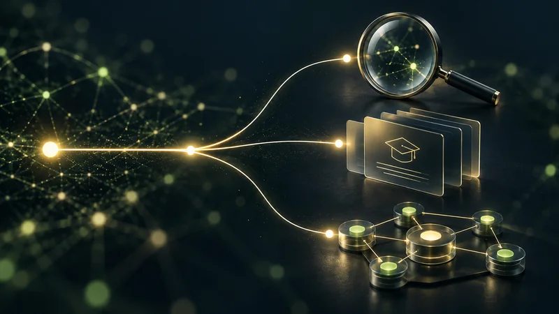 Three illuminated routes lead to a review lens, learning cards and a connected management structure.