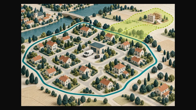 Conceptual neighbourhood map showing one electrician dispatch base, nearby service coverage and a wider conditional project area.