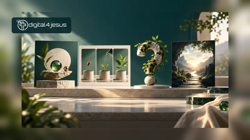 Four different creative concepts are displayed together on a sculptural workbench. Conceptual editorial illustration.