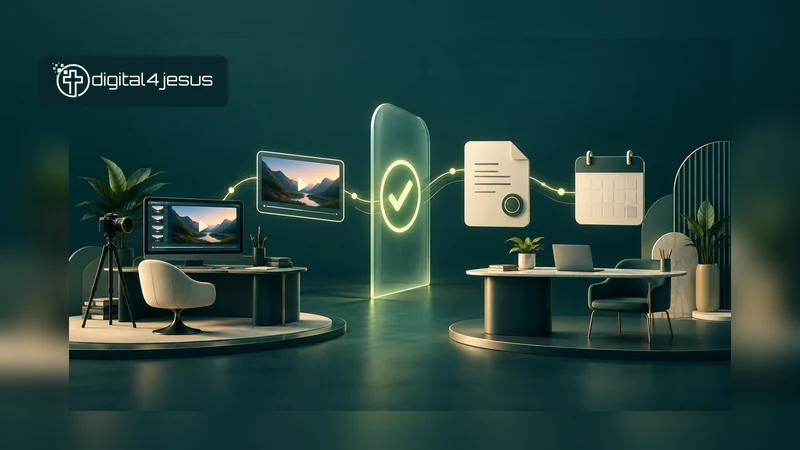 Two creative workspaces connect through an approval gate beside rights and calendar symbols. Conceptual editorial illustration.