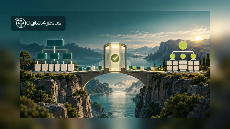 Two campaign structures are connected by a bridge with a central review gate. Conceptual editorial illustration.