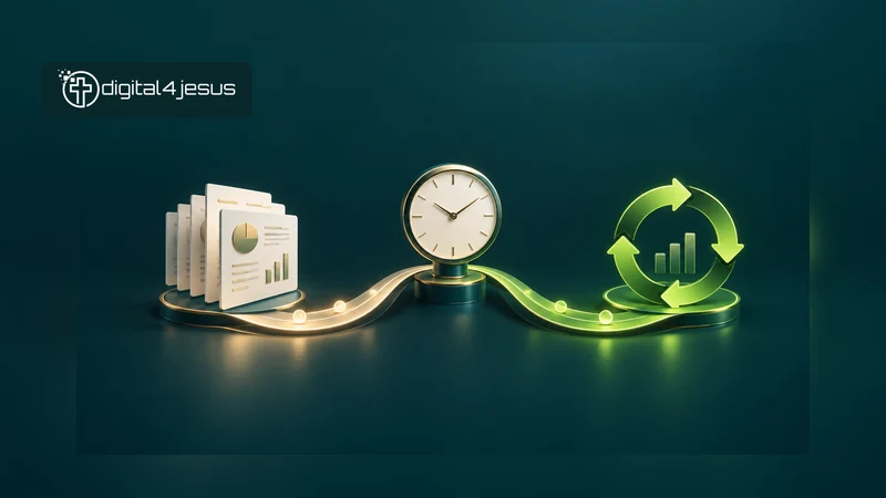 A clock connects a report stack with a separate optimisation loop. Conceptual editorial illustration.