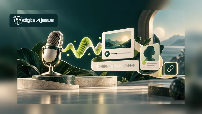 A microphone waveform connects an episode panel, transcript strip, guest card and link. Conceptual editorial illustration.