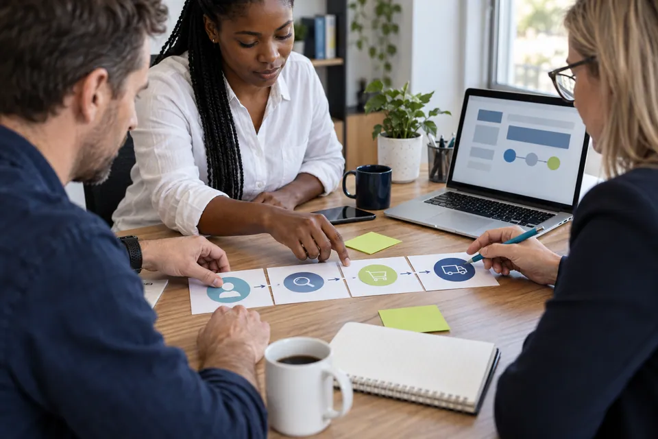 Collaborative review of a customer journey with a notebook and laptop