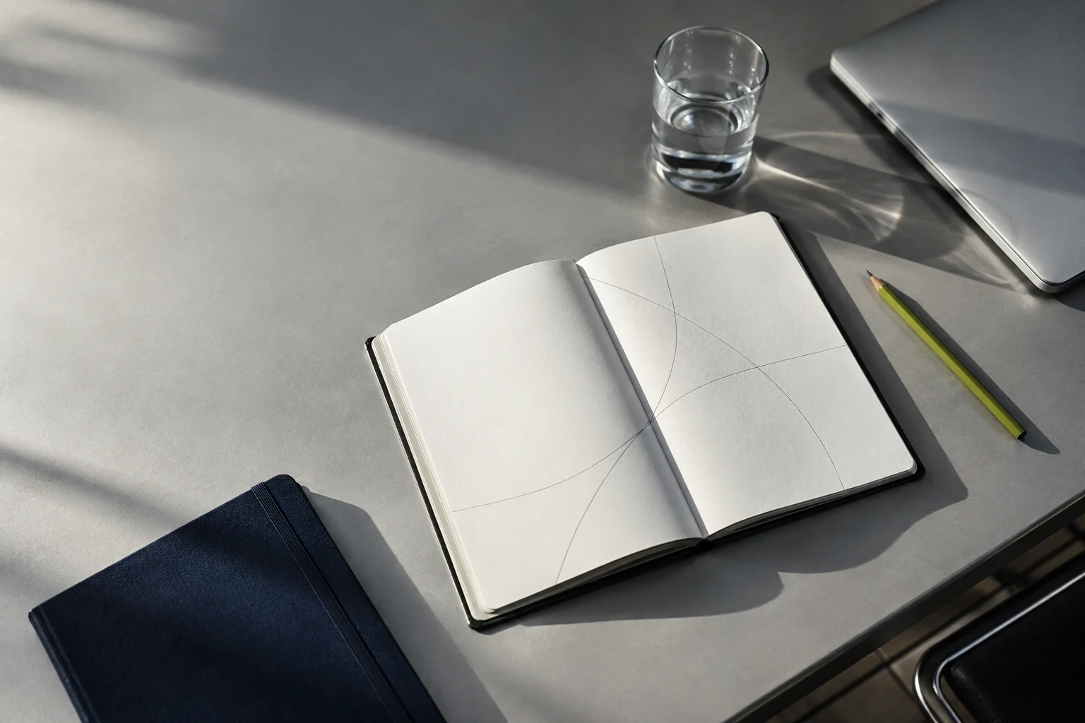 Notebook and lime pencil on a sunlit strategy workspace